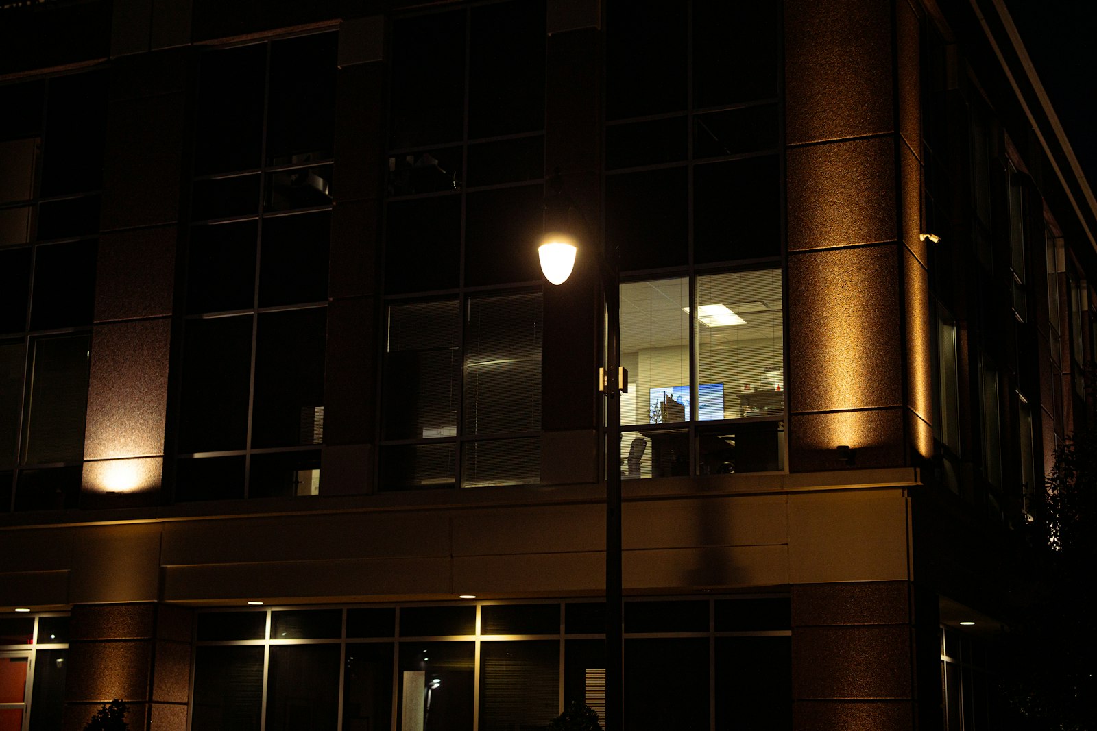 Commercial building interior lit in the evening