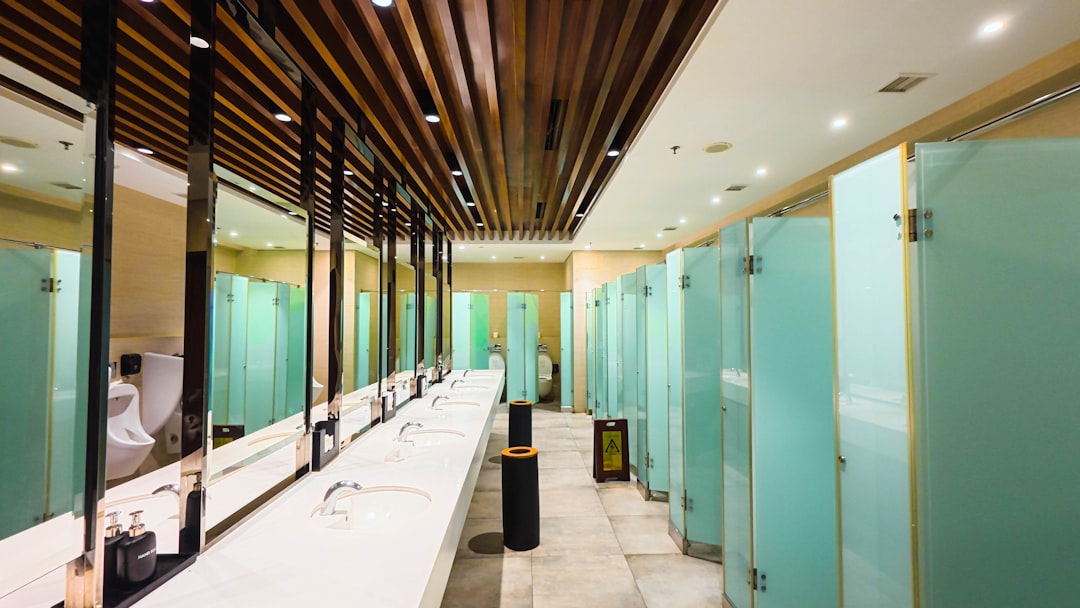 Row of basins and mirrors in a modern commercial washroom