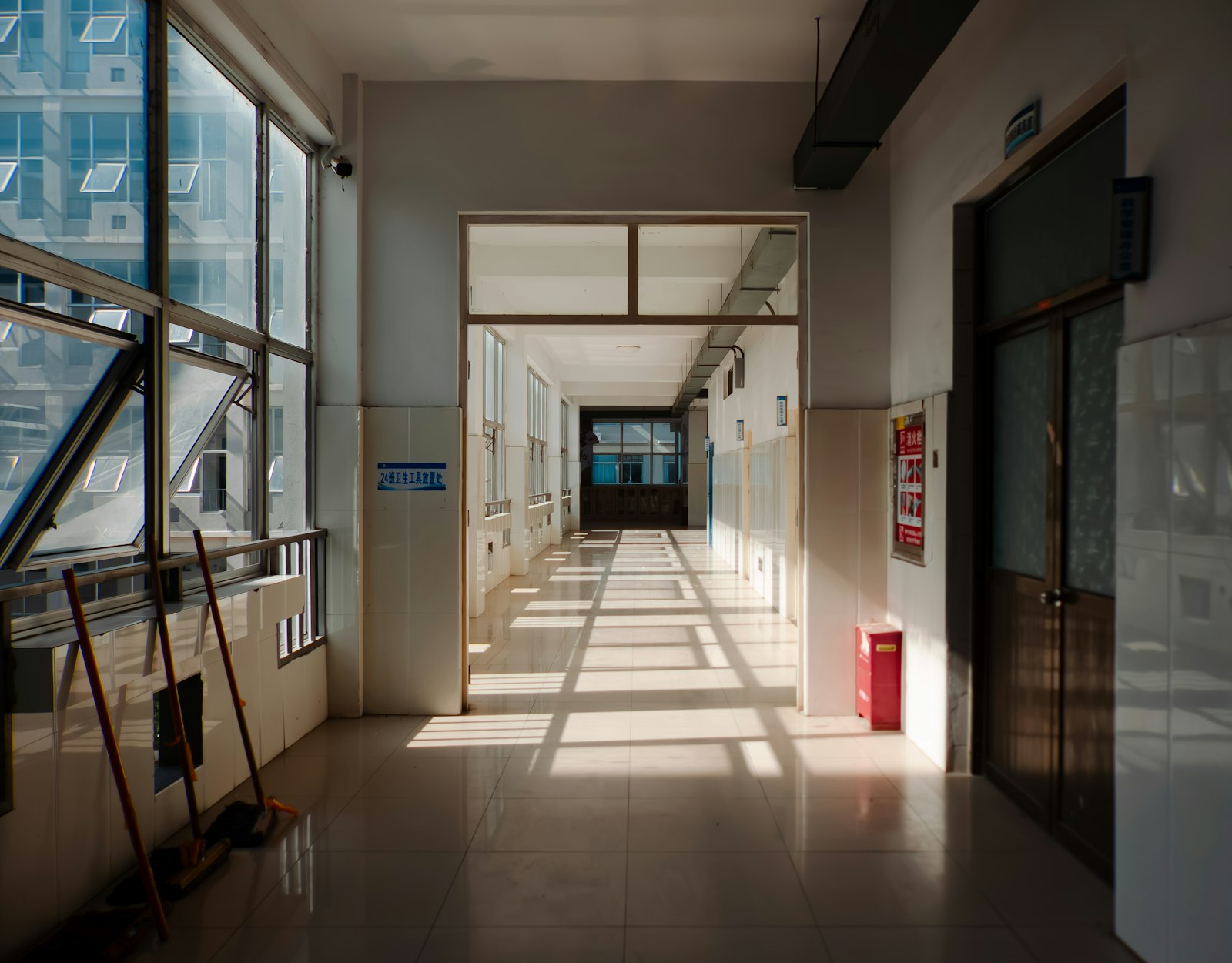 Sunlit school corridor, clean and clear of obstruction